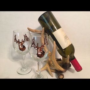 Faux Deer Antler Wine Holder/Hand Painted Glasses